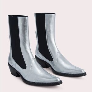 By Far Otis Chelsea Boots, Silver Metallic Leather, New, Size 37